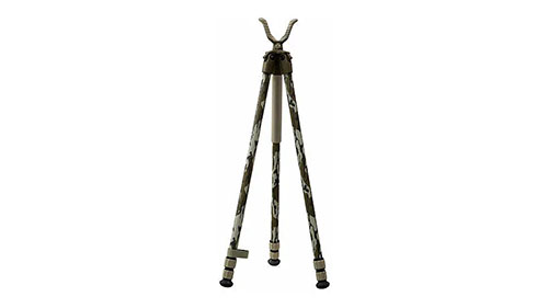 Tripod BOG DeadShot w kamuflażu Mossy Oak Bottomland zapewnia stabilność i precyzję strzałów, idealny do polowania i strzelania na dużych odległościach.